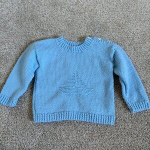 Vintage Hand Knit Sailboat Sweater Baby Blue